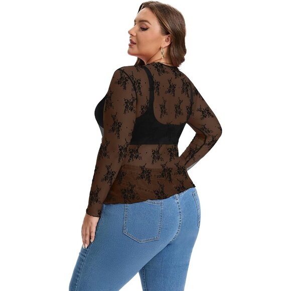 Women's Plus Size Sheer Lace Mesh Blouse Long Sleeve Mock Neck Top - Picture 3 of 3